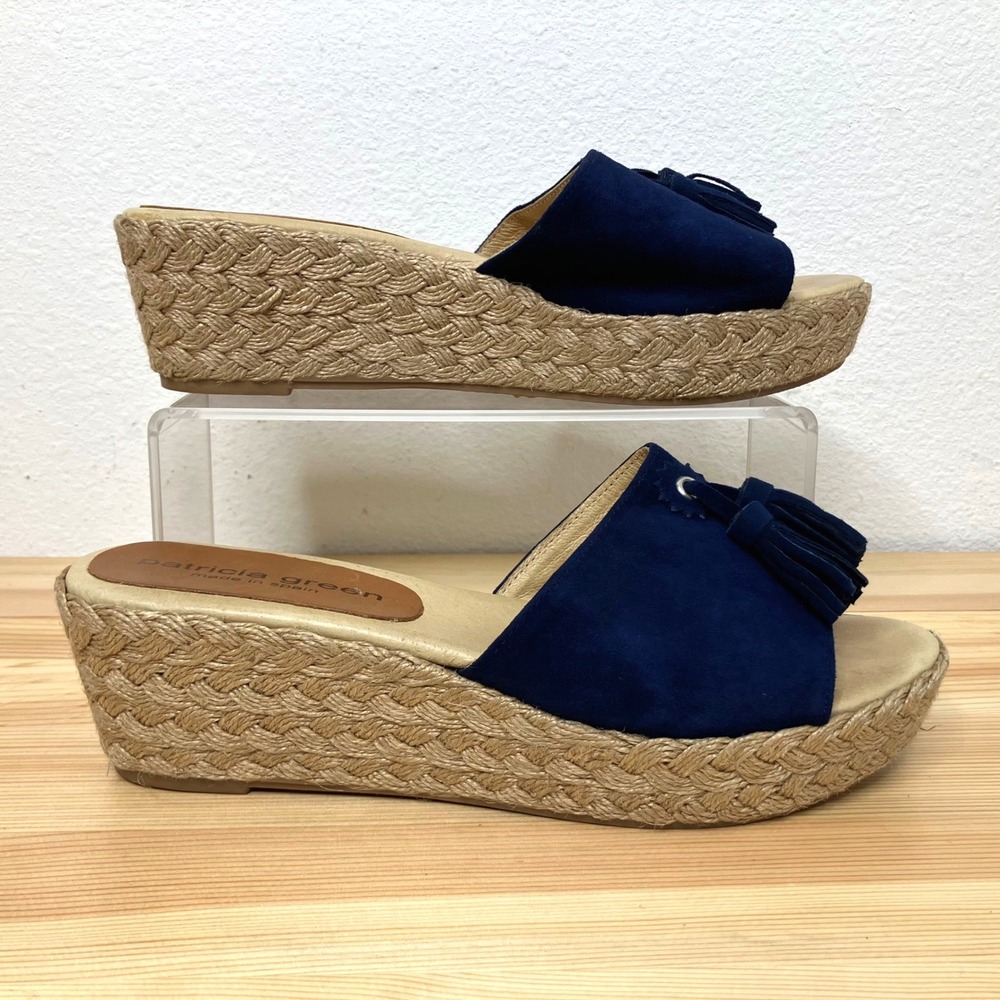 Patricia Green Wedge Sandals Women Sz 40 US 9 Navy Suede Tassel Espadrille Spain